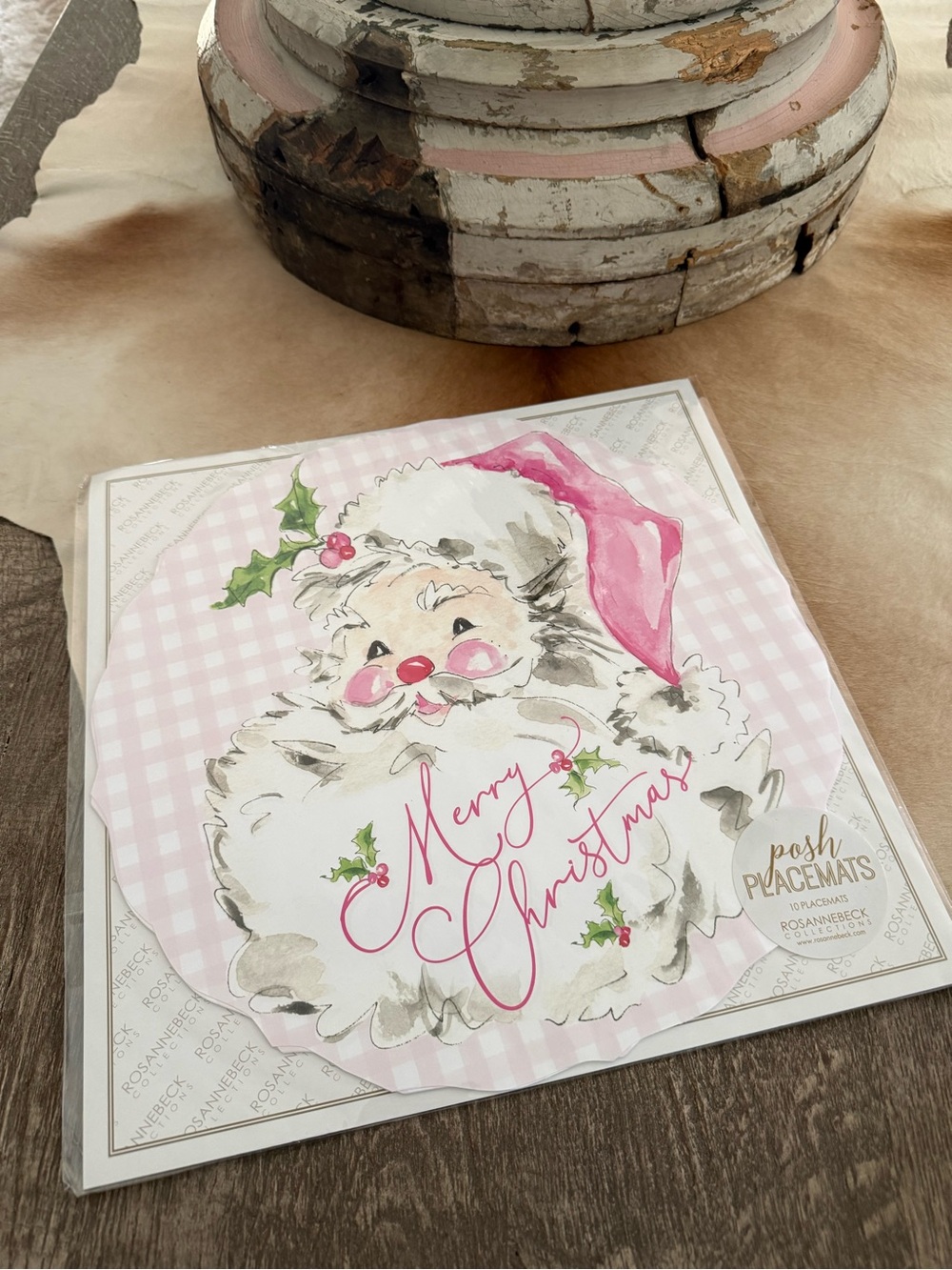 Brand NWT (10) Posh Placemats Merry Christmas Santa Pink Holiday by Rosanne Beck